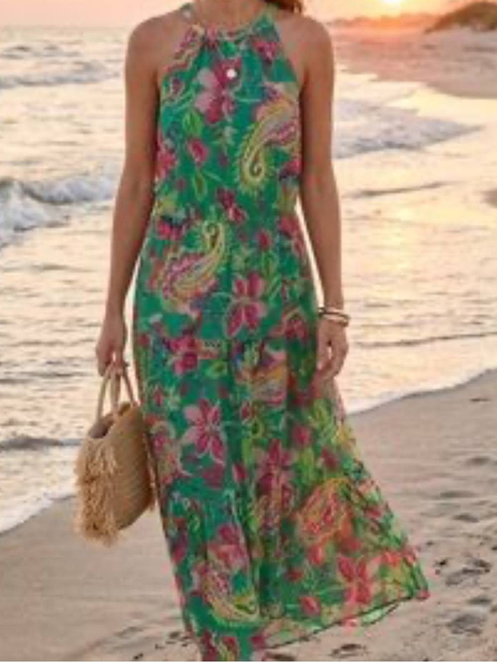 Tahari Arthur Levine Green Paisley Halter Maxi Dress Pink Floral Accents R $160